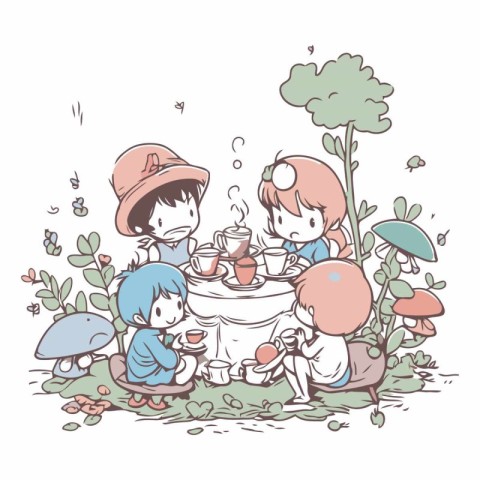 Illustration of a young family having a tea party in the garden