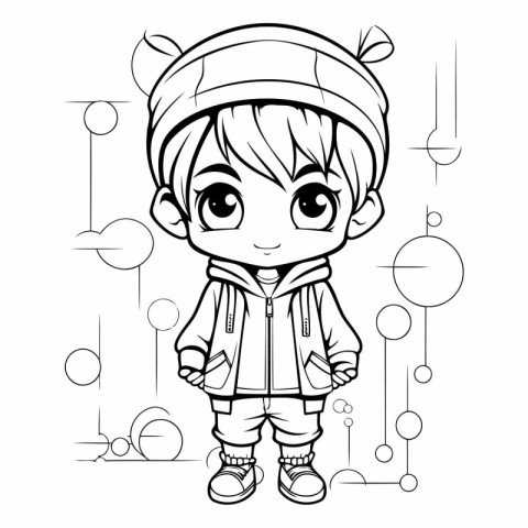 Cute little boy in winter clothes for coloring book.