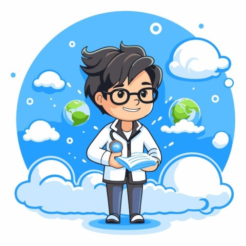 Cartoon scientist holding a stethoscope in hand