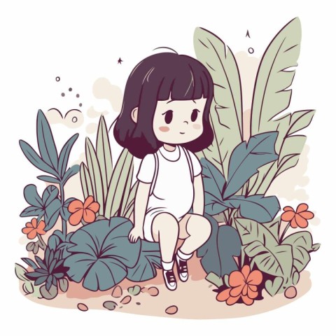 Cute little girl sitting among tropical plants and flowers.