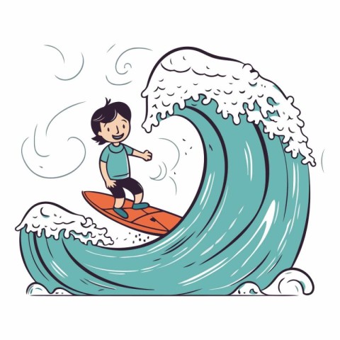 Boy surfing on the wave of a cartoon character.