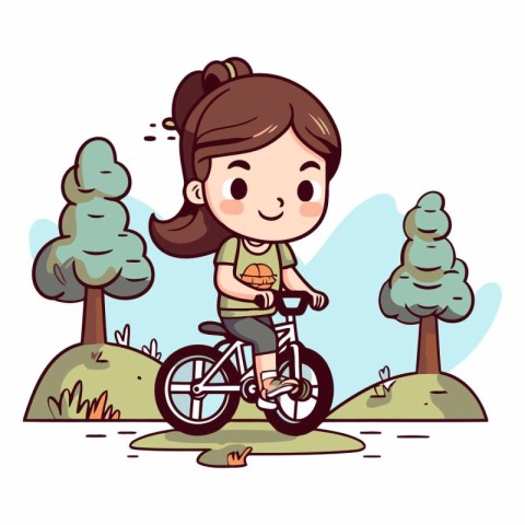 Girl riding a bicycle in the park. Cute cartoon vector illustrat