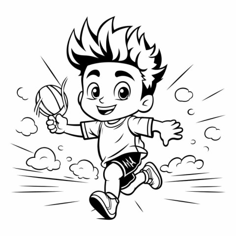 Black and White Cartoon Illustration of Kid Playing Volleyball f