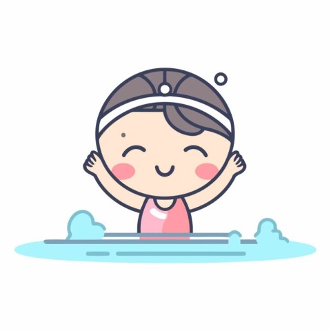 Cute little girl swimming in pool. Cartoon character.
