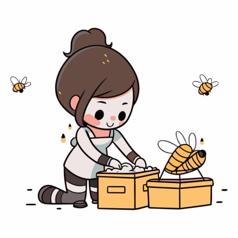 Cute Little Girl Playing with Bee in the Apiary.