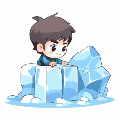 Cute little boy sitting on ice cube. Cartoon vector illustration