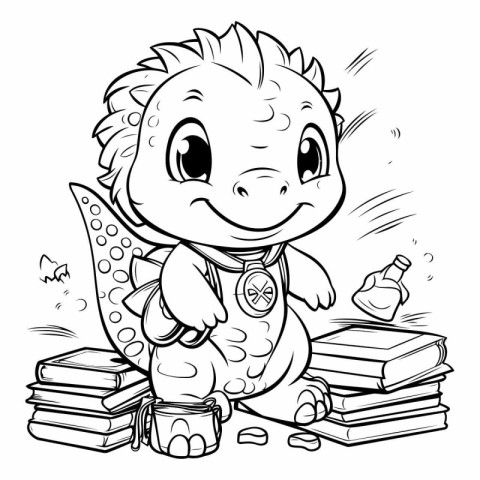 Black and White Cartoon Illustration of Cute Dinosaur Reading Bo