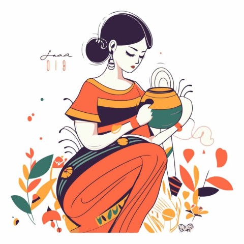 Beautiful girl with a cup of tea in a flat style.