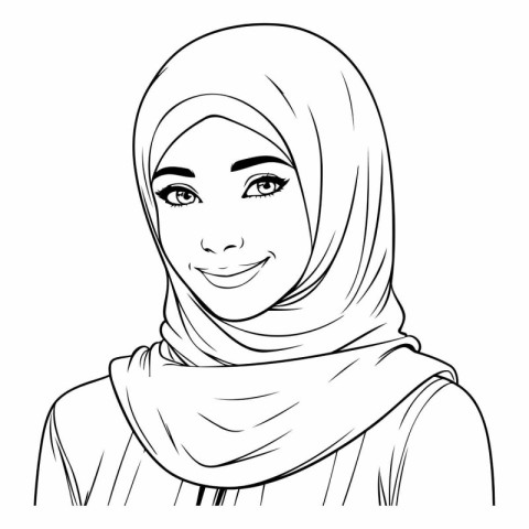 Hijab woman face cartoon in black and white vector illustration