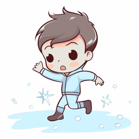 Vector illustration of a boy in space suit running in the rain.