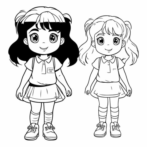 Cute little girls in school uniform for coloring book