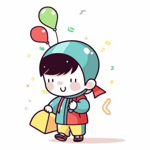 Cute boy with shopping bag and balloons.