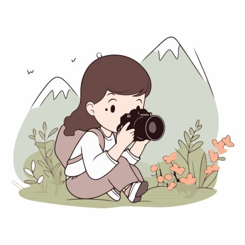 Girl with camera on the nature in cartoon style.