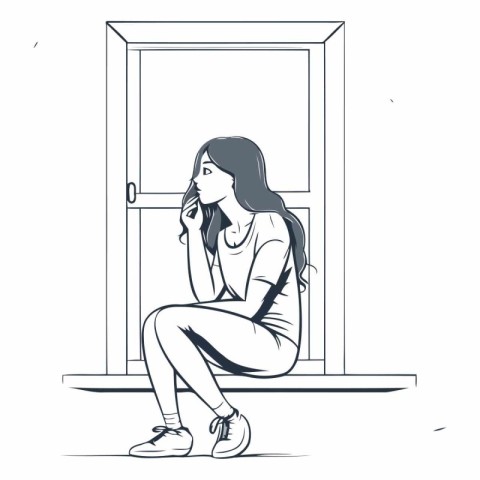 Sad girl sitting in front of the door in sketch style.