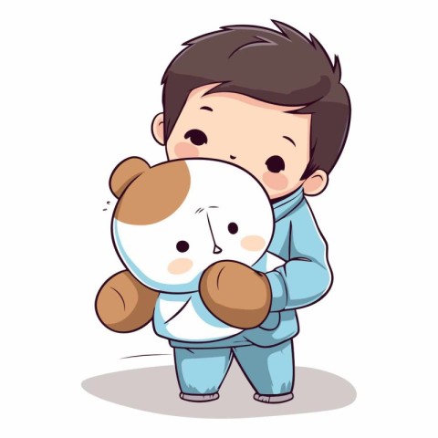 Cute little boy with teddy bear in cartoon style.