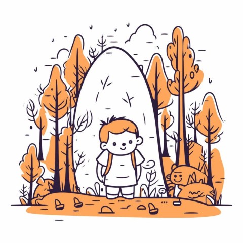 Vector illustration of a little boy hiking in the forest. Cute d