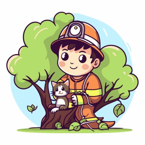 Cute little boy in firefighter uniform with cat.