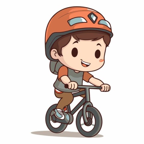 Biker boy riding bicycle. Cute cartoon character vector illustra