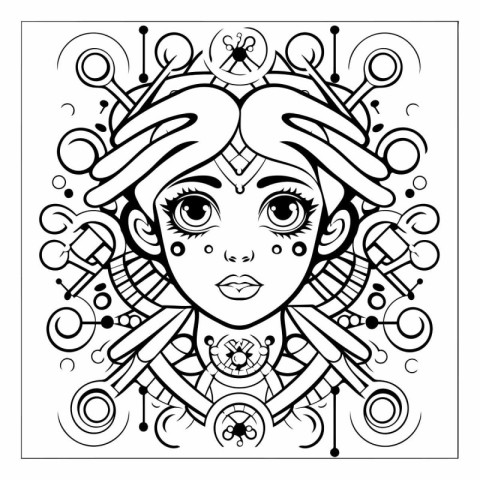 Black and white vector illustration of a girl with strange patte