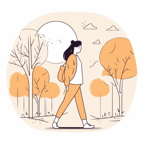 Young woman walking in the park in flat cartoon style