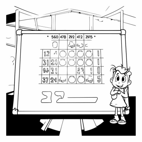 Black and White Cartoon Illustration of a Kid Girl Studying Math