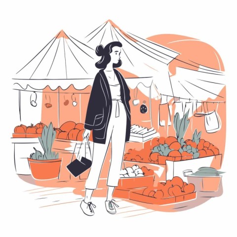 Vector illustration of a woman shopping at the market. Shopping