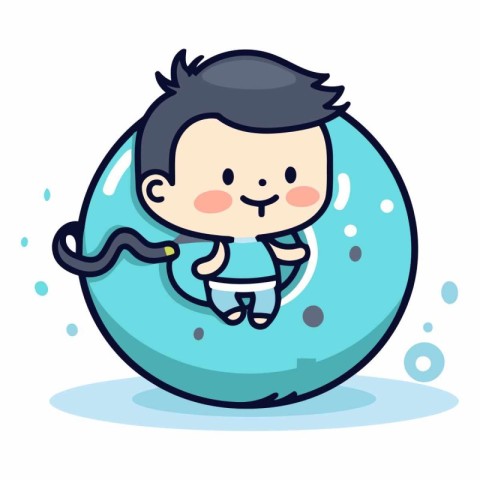 Cute cartoon little boy swimming in an inflatable ring.