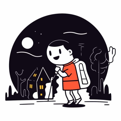 Vector illustration of a boy walking in the city at night.