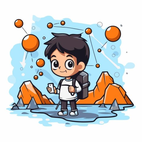 Cute cartoon boy with backpack and map on the background of moun