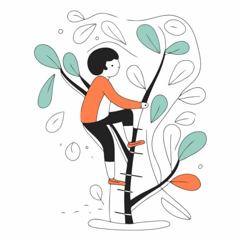 Vector illustration of a girl climbing on a tree. Flat style.