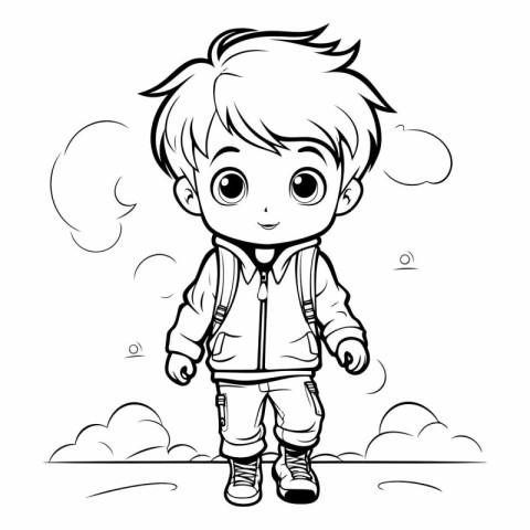 Outlined Cute Little Boy Walking in the Clouds - Coloring Book