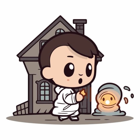 Cute little boy with old house and ghost.