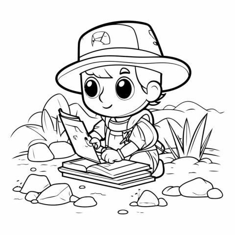 Coloring Page Outline Of a boy reading a book in nature