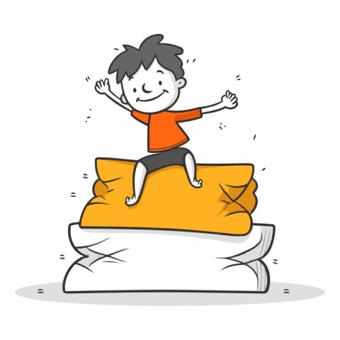 Boy Jumping on Pillow - Colorful Cartoon Vector Illustration