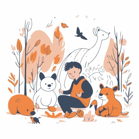 Vector illustration of a boy sitting in the autumn park with ani