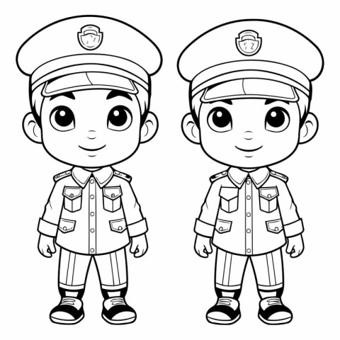 Black and White Cartoon Illustration of Kids in Police Uniform f