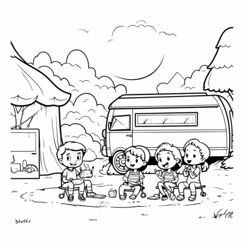 Black and White Cartoon Illustration of Kids Camping on the Road