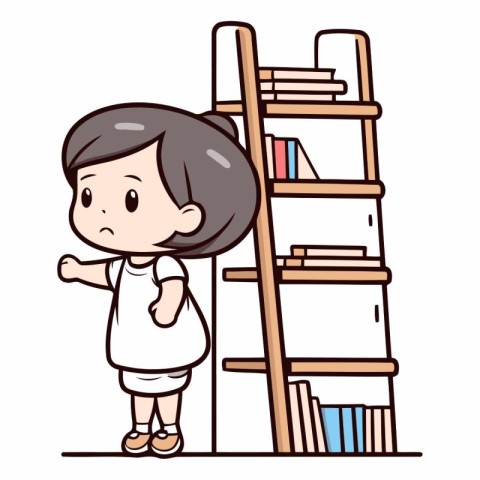 Little girl standing in front of bookshelf.