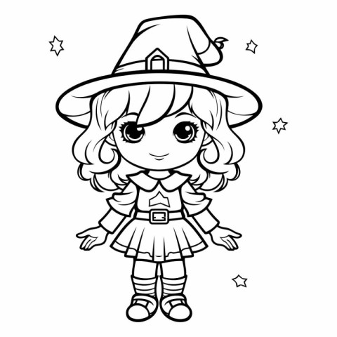 Black and White Cartoon Illustration of Cute Little Witch Girl C