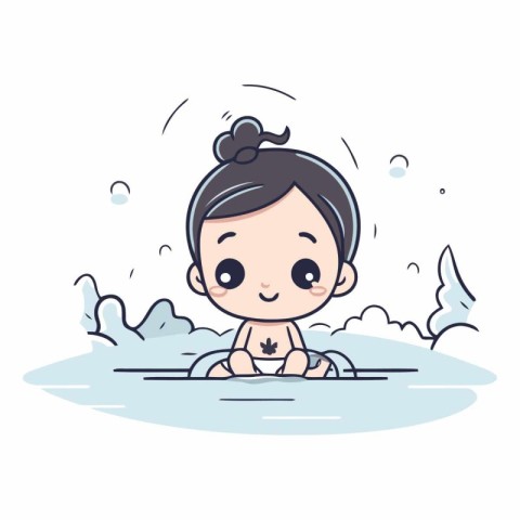 Cute little girl in swimming pool. Cartoon style.