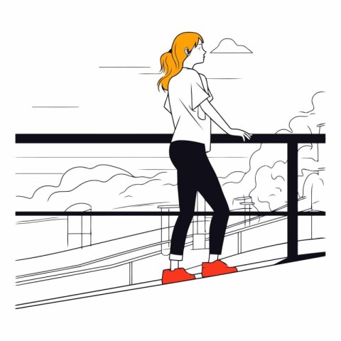 Young woman is walking on the bridge in flat style