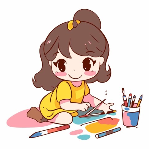 Illustration of a Cute Little Girl Painting with Paintbrushes