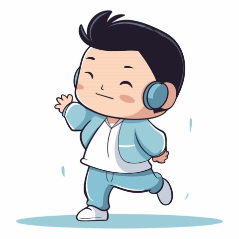 Cute little boy in headphones dancing and listening to music.