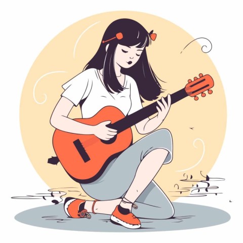 Girl playing the guitar in a flat cartoon style.