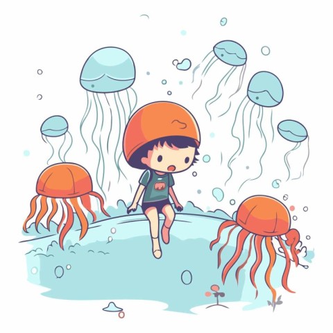 Cute little girl and jellyfish on the sea.