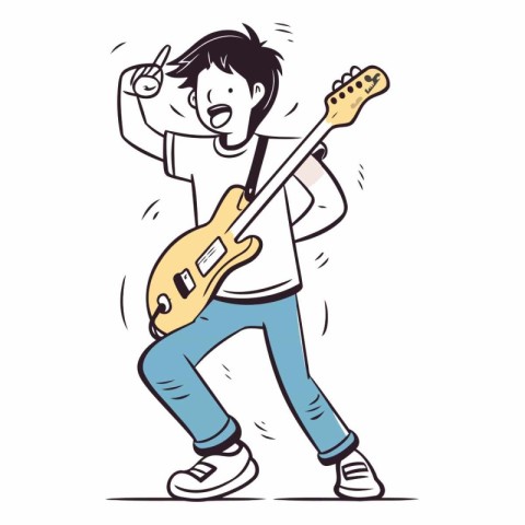 Young man playing electric guitar in line art style.