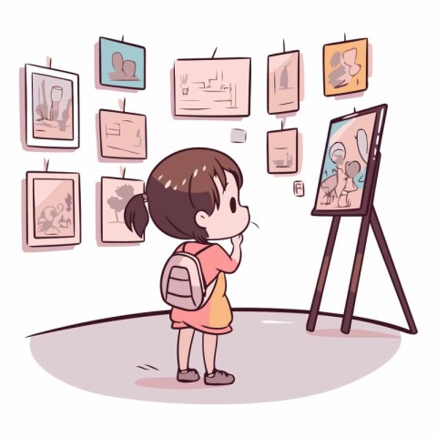 Illustration of a little girl looking at a picture in a gallery