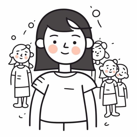 Illustration of a mother and her children in a line art style