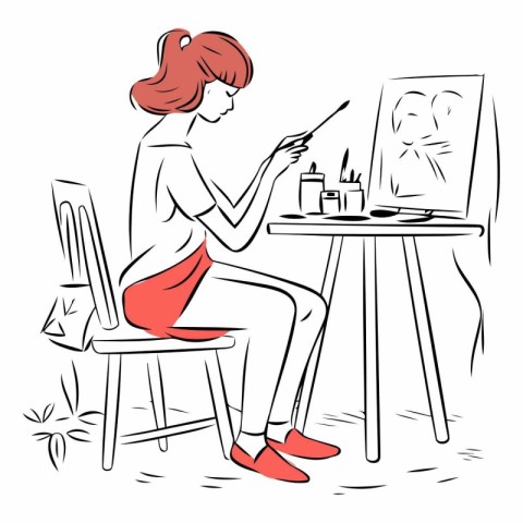 Illustration of a young woman painting a picture on the easel