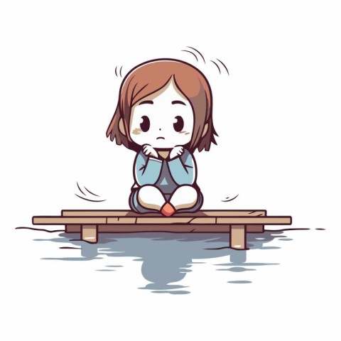 Little girl sitting on a wooden bridge over the river.